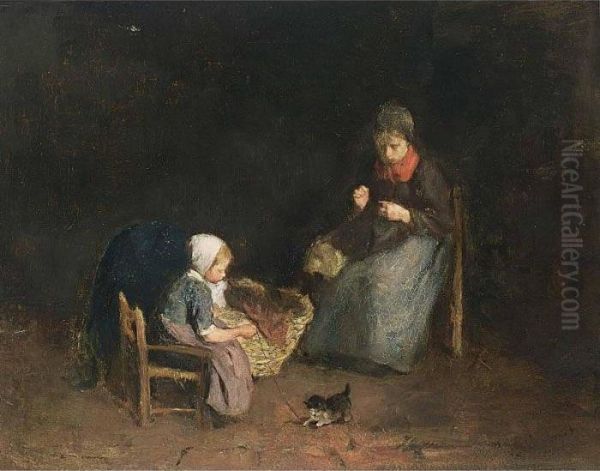 A Mother And Child In An Interior Oil Painting by Albertus Johan Neuhuys