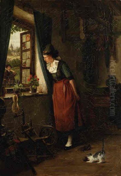 Peeking Out The Window Oil Painting by Albertus Johan Neuhuys