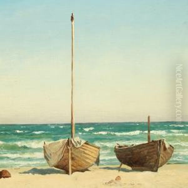 Two Sailing Boats On Thebeach Oil Painting by Carl Johan Neumann