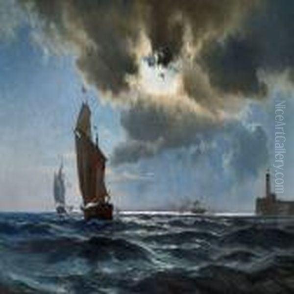 Ships Off The Coast By Night Oil Painting by Carl Johan Neumann