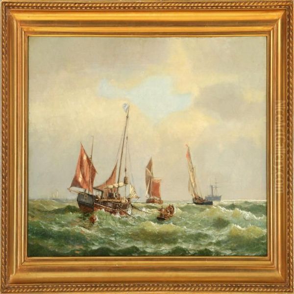 Marine With Fishing Boats And Others Ships On Open Sea Oil Painting by Carl Johan Neumann