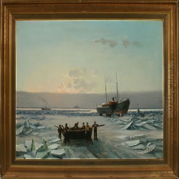 Icewinter With A Stranded Ship In The Ice Oil Painting by Carl Johan Neumann