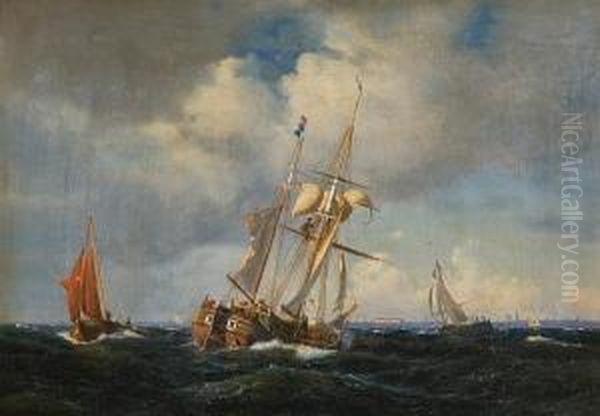 Shipping Off The Coast At Copenhagen Oil Painting by Carl Johan Neumann