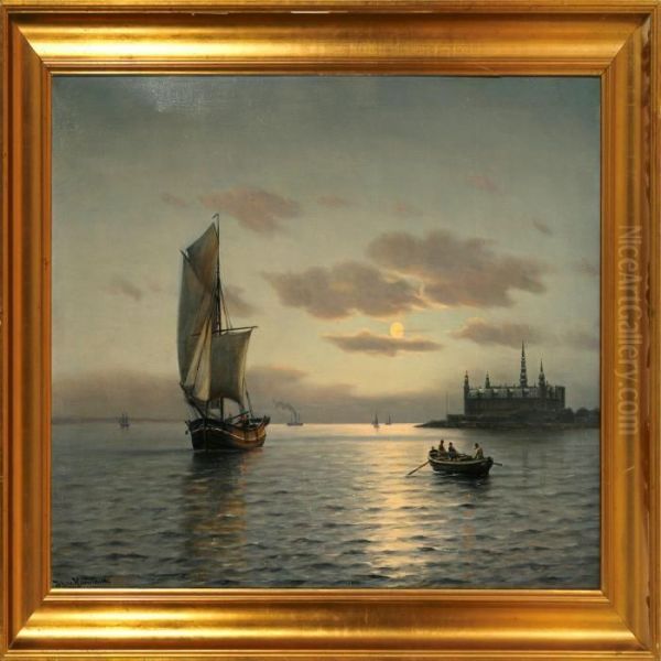 Marine With Sailing Ships Off The Coast Of Elsinore Castle Oil Painting by Carl Johan Neumann