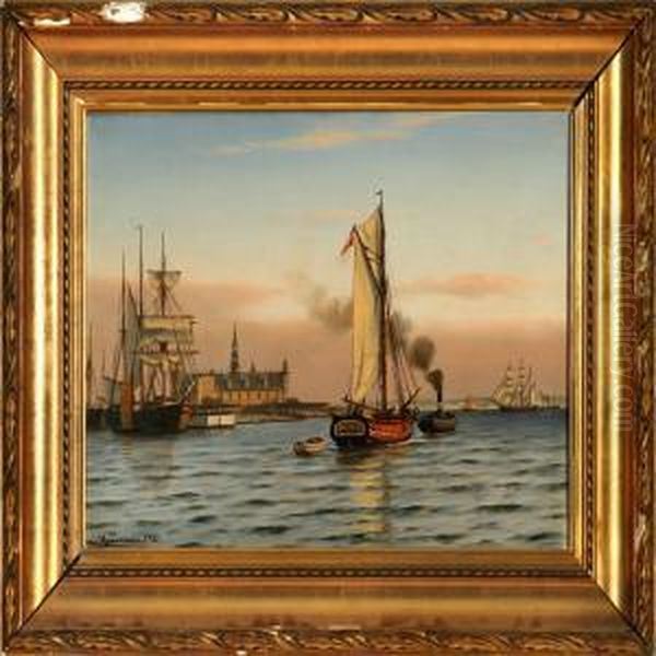 Helsingor Havn Oil Painting by Carl Johan Neumann