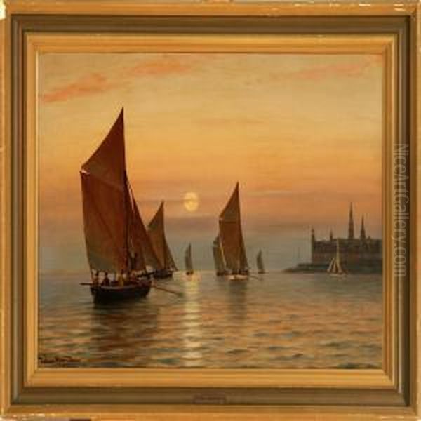 Marine Along The Coast Of Elsinore Castle At Sunrise Oil Painting by Carl Johan Neumann