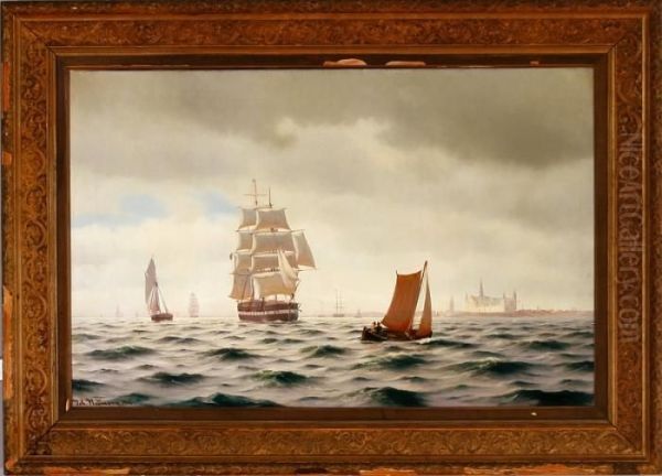 A Marine With Sailing Ships 
Along The Coast Of Elsinore Castle, Denmark. Signed And Dated Joh. 
Neumann 1902 Oil Painting by Carl Johan Neumann