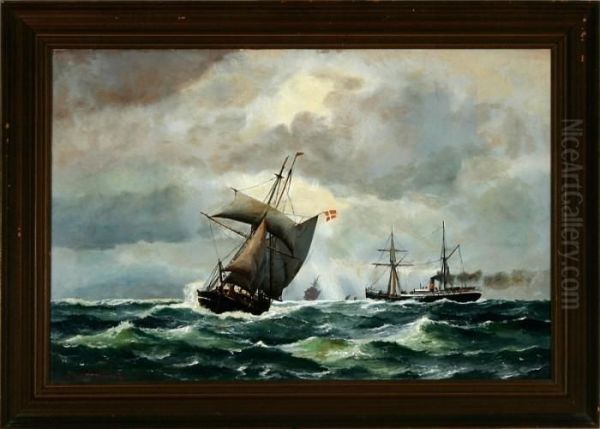 A Danish Marine With Sailing And Steam Ships. Signed And Dated Joh. Neumann 1893 Oil Painting by Carl Johan Neumann