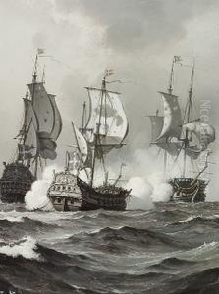 Six Grisailles With Naval Battle Scenes From The Danish Swedish War Oil Painting by Carl Johan Neumann