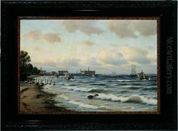 A Danish Coastal Scenery Elsinore Castle In The Background Oil Painting by Carl Johan Neumann