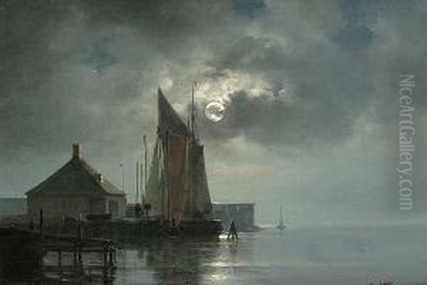 A Moonlit Harbour Oil Painting by Carl Johan Neumann