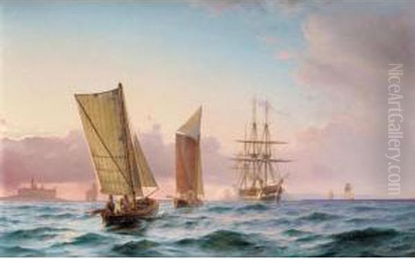 A Danish Frigate Firing A Salute Oil Painting by Carl Johan Neumann