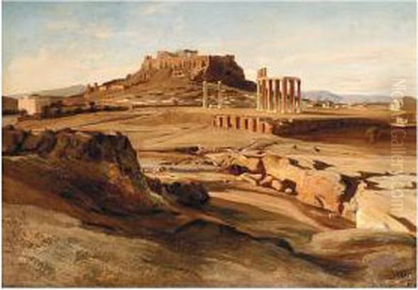 View Of The Acropolis From The Elissos River Oil Painting by Carl Johan Neumann