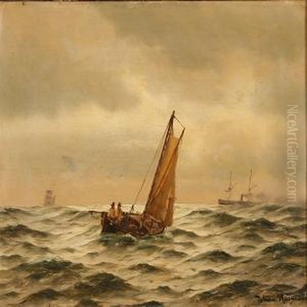 Seascape With A Couple Of Fishermen In A Sailing Boat Oil Painting by Johann Jens Neumann