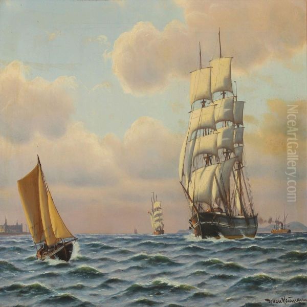 Seascpe With Sailing Ships Outside Kronborg Oil Painting by Johann Jens Neumann