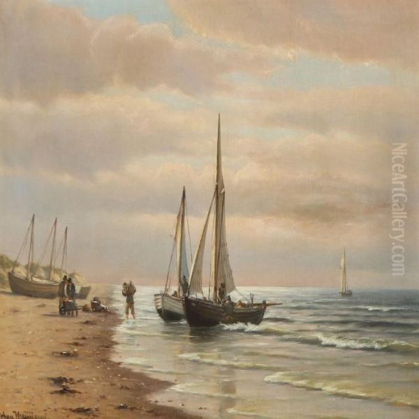 Coastal Scenery With Fishermen Oil Painting by Johann Jens Neumann