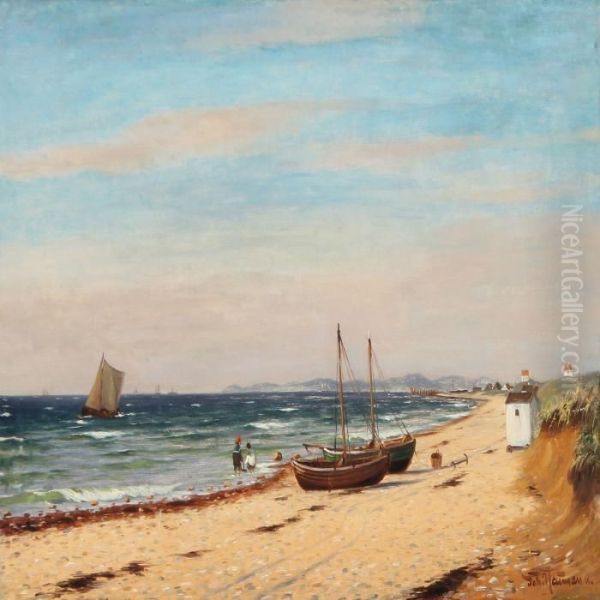 Seashore With Several Sailing Ships In The Front Playingchildren And Boats On The Shore Oil Painting by Johann Jens Neumann