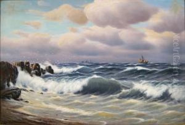 'skibe For Klippekyst Antagelig Kullen' (ships At Sea) Oil Painting by Johann Jens Neumann