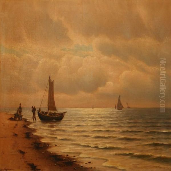 Coastal Scene With Fishermen And Their Catch Oil Painting by Johann Jens Neumann