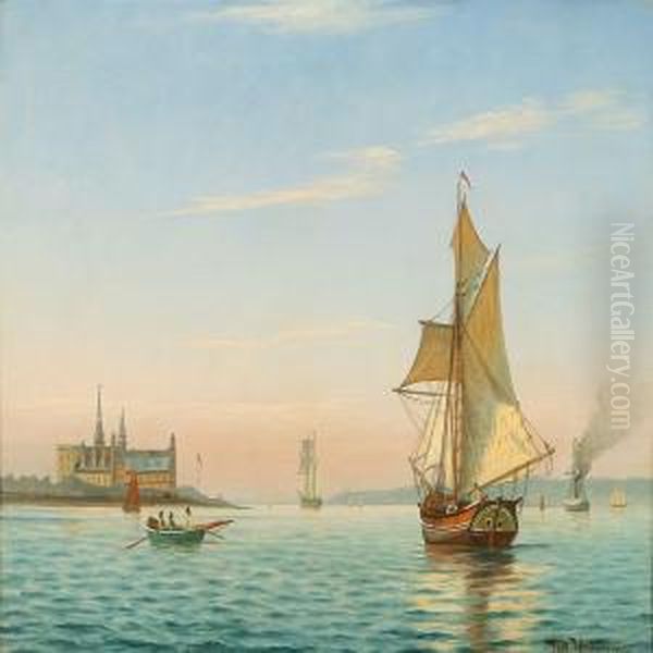 Marine With Sailing Ships Near Elsinor Castle Oil Painting by Johann Jens Neumann