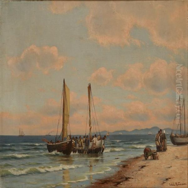 Coastal Scene With Fishermen Pulling Their Boats Ashore Oil Painting by Johann Jens Neumann