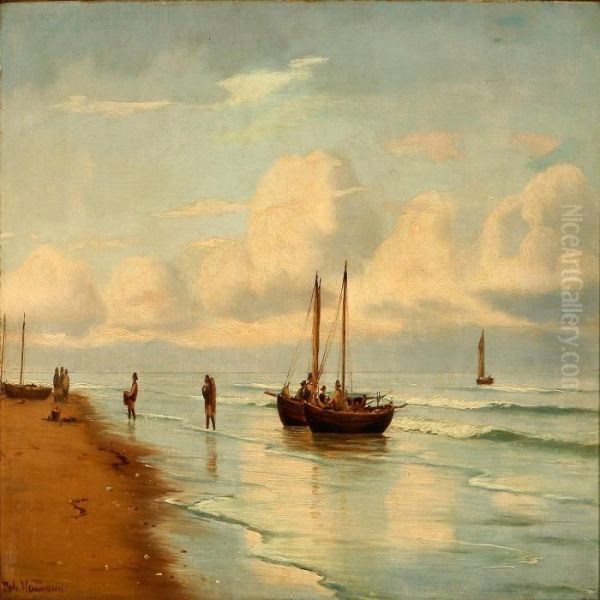 Early Morning Coastal Scene With Fishermen Oil Painting by Johann Jens Neumann