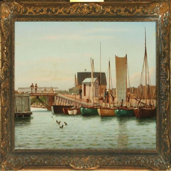 Harbour With Smallsailing Ships Oil Painting by Johann Jens Neumann