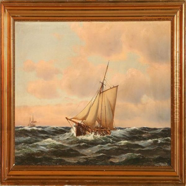 Marine With Ships Inrough Sea Oil Painting by Johann Jens Neumann