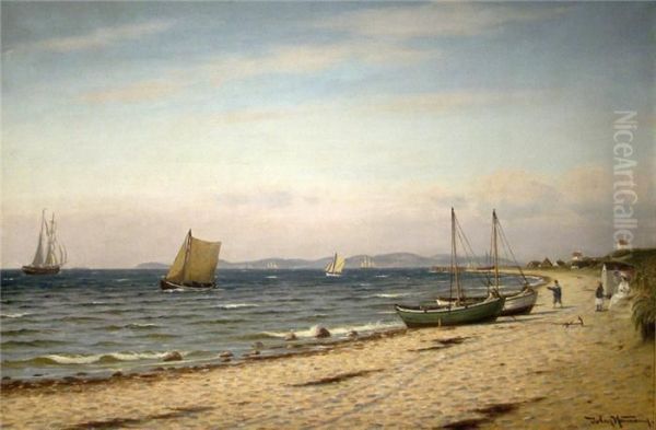 Strandpartie Mit Einer Familie Und Segelschiffen Vor Kuste Oil Painting by Johann Jens Neumann