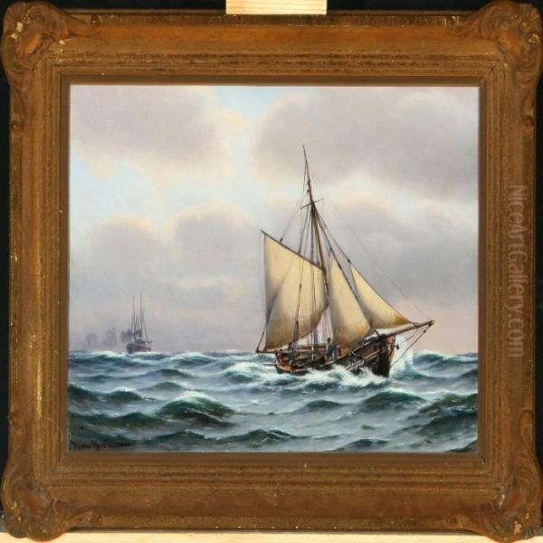 Ships At Sea Oil Painting by Johann Jens Neumann