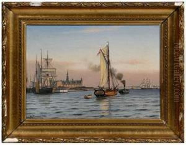 Ships In Harbor Oil Painting by Johann Jens Neumann