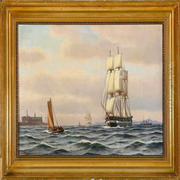 Fregatten Jylland Staaer Sundet Ud Oil Painting by Johann Jens Neumann