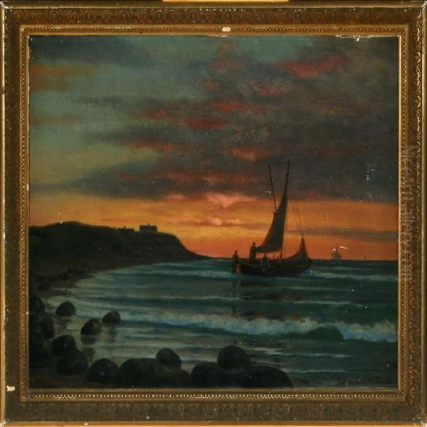 Fischermen At Sea In The Evening Sun Oil Painting by Johann Jens Neumann