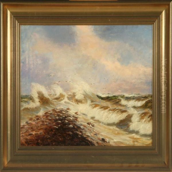 Coastal Scenery With Breakin Waves And Flying Seagulls Oil Painting by Johann Jens Neumann