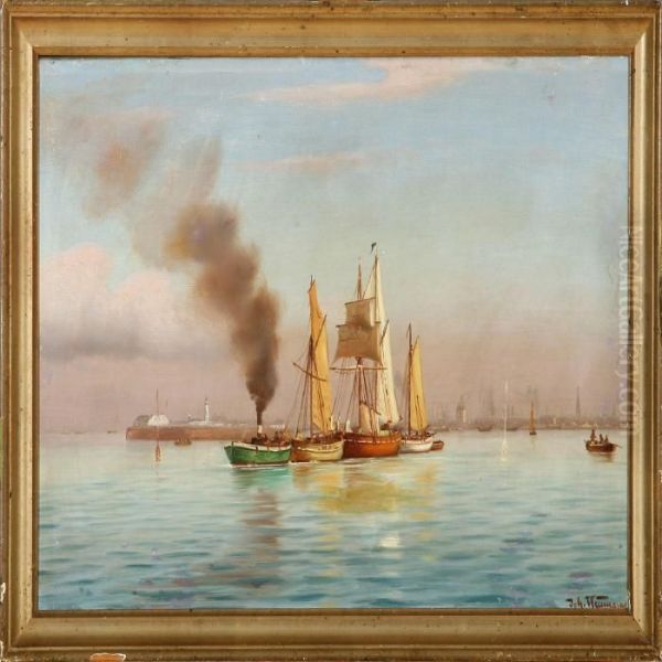 Ships In Copenhagen Harbour Oil Painting by Johann Jens Neumann