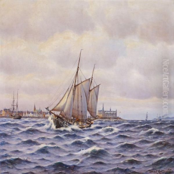 Sailing Boats On Thecoast Of Helsingor, Kronborg Castle In The Background Oil Painting by Johann Jens Neumann