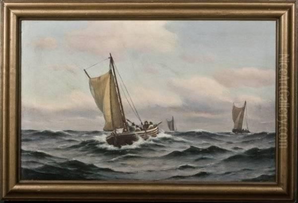 Johan Neumann, Danish Fishermen At Sea Oil Painting by Johann Jens Neumann