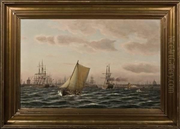 Johan Neumann, Danish Busy Dutch Port Oil Painting by Johann Jens Neumann