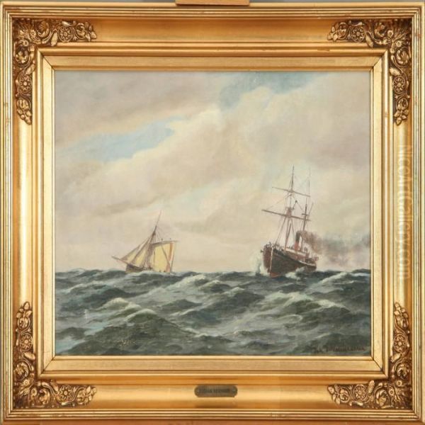 Seascape With Boat And Steamer Oil Painting by Johann Jens Neumann