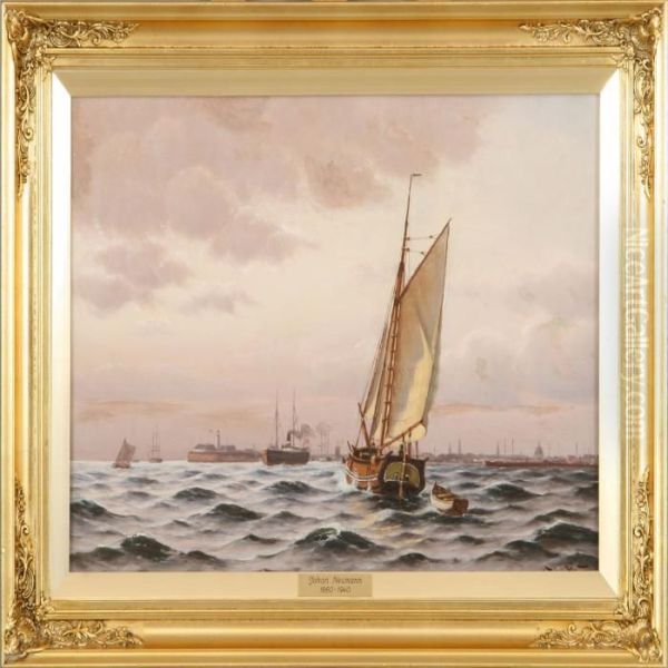 Seascape With Ships Off The Coast Of Copenhagen. Signed Johan Neumann Oil Painting by Johann Jens Neumann