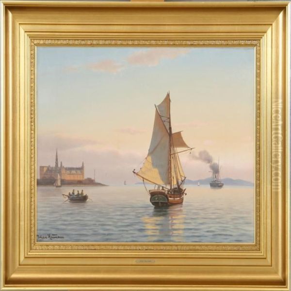 Ships At A Calm Sea By Kronborg. Signed Johan Neumann Oil Painting by Johann Jens Neumann