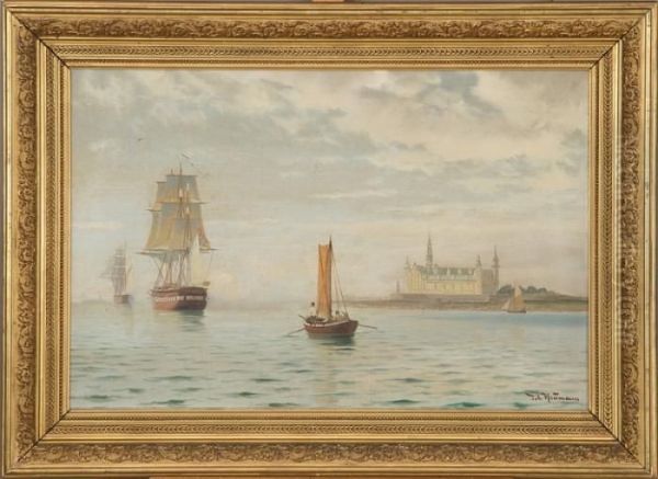 Ships And Fishermen Passing Kronborg Oil Painting by Johann Jens Neumann