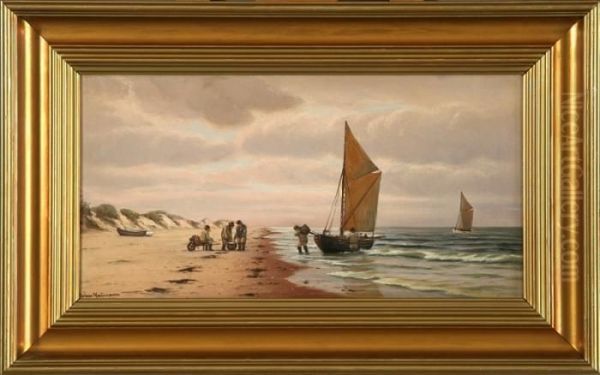 Fishermen And Boats On The Beach Oil Painting by Johann Jens Neumann