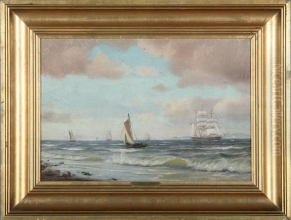 Coast With Several Sailing Ships At The Sea Oil Painting by Johann Jens Neumann