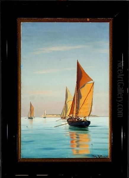 Coastal Scenery With Sailing Boats In The Evening Sun Oil Painting by Johann Jens Neumann