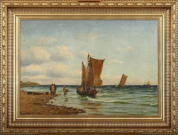 Costal Scenery With Boats And Persons Oil Painting by Johann Jens Neumann