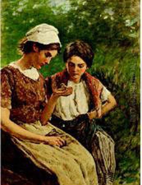 Two Farm Girls Holding A Chick Oil Painting by Hugh Newell