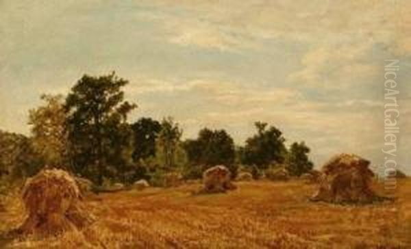 Haystacks In Field Oil Painting by Hugh Newell