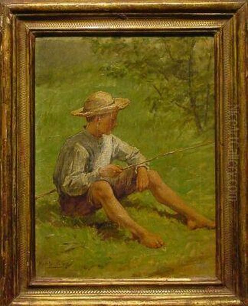 Boy Fishing Oil Painting by Hugh Newell