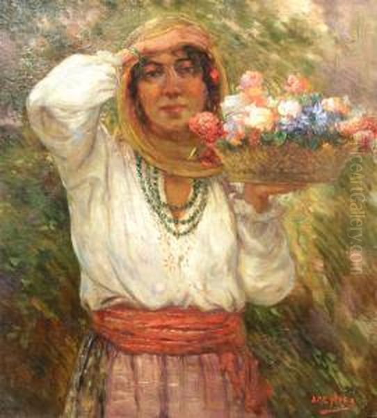 Beautiful Florica - The Flower Girl Of Obor Oil Painting by Jean Neylies